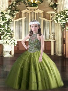  Olive Green Ball Gowns Beading Pageant Gowns For Girls Lace Up Tulle Sleeveless Floor Length