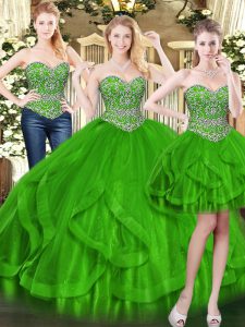 Designer Green Lace Up Sweet 16 Quinceanera Dress Beading and Ruffles Sleeveless Floor Length