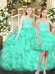  Sleeveless Floor Length Ruffles Lace Up Quince Ball Gowns with Turquoise