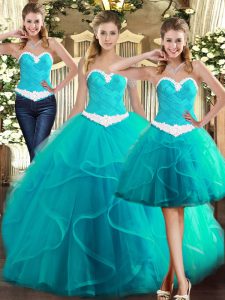 Popular Floor Length Turquoise Ball Gown Prom Dress Sweetheart Sleeveless Lace Up