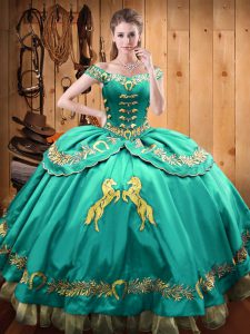  Turquoise 15th Birthday Dress Sweet 16 and Quinceanera with Beading and Embroidery Off The Shoulder Sleeveless Lace Up
