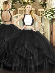 Vintage Sleeveless Tulle Floor Length Backless Quinceanera Dresses in Black with Ruffles