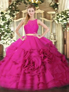 Gorgeous Floor Length Hot Pink Quinceanera Dress Tulle Sleeveless Ruffles