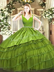 Classical Sleeveless Satin and Organza Floor Length Zipper Vestidos de Quinceanera in Olive Green with Embroidery and Ruffled Layers