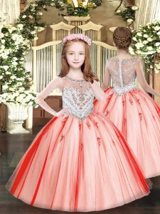 Amazing Coral Red Tulle Zipper Scoop Sleeveless Floor Length Little Girl Pageant Gowns Beading and Appliques