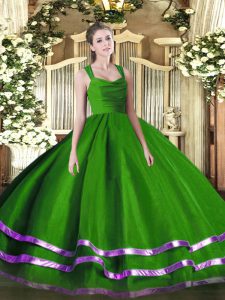 Popular Green Sleeveless Organza Zipper Quince Ball Gowns for Military Ball and Sweet 16 and Quinceanera