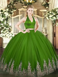 Sumptuous Green Halter Top Neckline Appliques 15 Quinceanera Dress Sleeveless Zipper