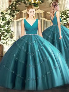  Teal Zipper V-neck Beading Quinceanera Gown Tulle Sleeveless