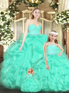 Vintage Sleeveless Organza Floor Length Lace Up Quinceanera Gown in Apple Green with Lace and Ruffles