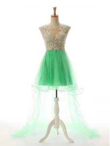 On Sale Sleeveless High Low Appliques Backless Prom Dress with Turquoise