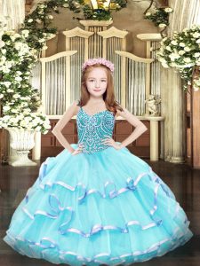 New Style Floor Length Aqua Blue Pageant Gowns For Girls Straps Sleeveless Lace Up