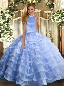 Unique Beading and Ruffled Layers 15 Quinceanera Dress Blue Backless Sleeveless Floor Length