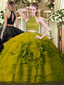  Tulle Halter Top Sleeveless Backless Beading and Ruffles 15 Quinceanera Dress in Olive Green
