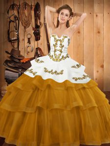 Fine Gold Sleeveless Tulle Sweep Train Lace Up 15 Quinceanera Dress for Military Ball and Sweet 16 and Quinceanera