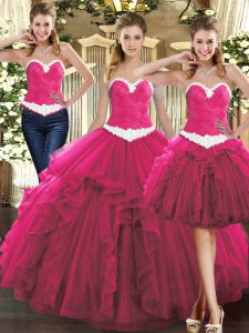  Fuchsia Tulle Lace Up Sweetheart Sleeveless Floor Length Quinceanera Dress Ruffles