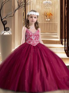 Exquisite Wine Red Ball Gowns V-neck Sleeveless Tulle Floor Length Lace Up Beading and Appliques Little Girls Pageant Dress Wholesale
