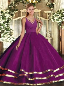  Purple Backless Quinceanera Gown Ruching Sleeveless Floor Length