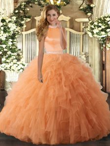 Chic Orange Backless Halter Top Beading and Ruffles Quinceanera Gowns Organza Sleeveless