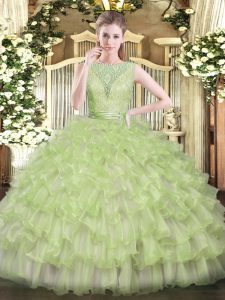  Sleeveless Floor Length Beading and Ruffled Layers Backless Quinceanera Dresses with Yellow Green