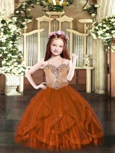  Rust Red Lace Up Spaghetti Straps Beading and Ruffles Child Pageant Dress Tulle Sleeveless