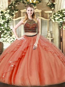 Hot Selling Rust Red Ball Gowns Organza Halter Top Sleeveless Beading and Ruffles Floor Length Zipper Sweet 16 Dress