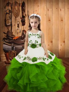  Straps Sleeveless Little Girls Pageant Dress Floor Length Embroidery and Ruffles Tulle