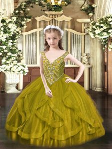 Latest Olive Green Tulle Lace Up Little Girls Pageant Dress Wholesale Sleeveless Floor Length Beading and Ruffles