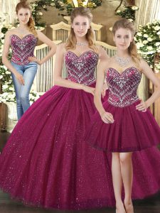  Fuchsia Sleeveless Tulle Lace Up 15 Quinceanera Dress for Military Ball and Sweet 16 and Quinceanera