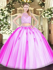 Latest Rose Pink Two Pieces Beading Quinceanera Gowns Zipper Tulle Sleeveless Floor Length