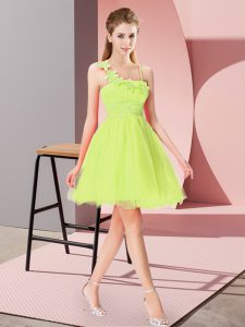 Gorgeous Organza Asymmetric Sleeveless Zipper Beading and Hand Made Flower Prom Evening Gown in Yellow Green