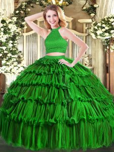  Green Sleeveless Floor Length Beading and Ruffled Layers Backless Ball Gown Prom Dress