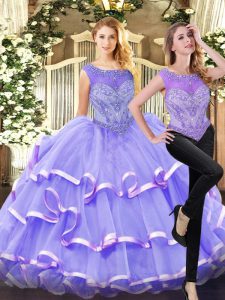 Inexpensive Sleeveless Floor Length Beading and Ruffled Layers Lace Up 15th Birthday Dress with Lavender