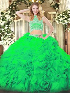 Fantastic Floor Length Green 15 Quinceanera Dress Tulle Sleeveless Beading and Ruffles
