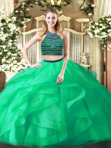 Turquoise Ball Gowns Halter Top Sleeveless Organza Floor Length Zipper Beading and Ruffles Quinceanera Dress