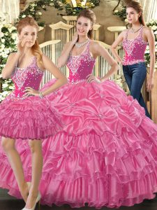 Best Hot Pink Lace Up 15th Birthday Dress Beading and Ruffles and Pick Ups Sleeveless Floor Length