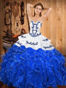  Blue And White Lace Up Strapless Embroidery and Ruffles 15 Quinceanera Dress Satin and Organza Sleeveless