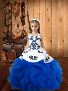  Blue Straps Lace Up Embroidery and Ruffles Pageant Gowns For Girls Sleeveless