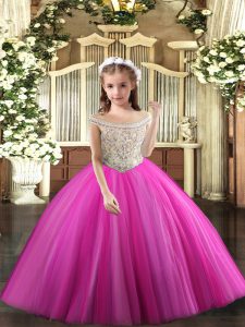  Fuchsia Ball Gowns Off The Shoulder Sleeveless Tulle Floor Length Lace Up Beading Little Girl Pageant Dress