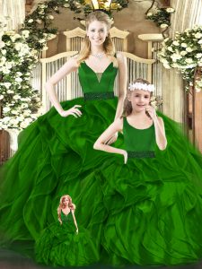 Spectacular Green Ball Gowns V-neck Sleeveless Organza Floor Length Zipper Beading and Ruffles Ball Gown Prom Dress
