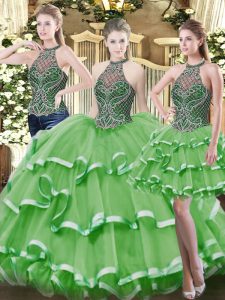 Sophisticated Ball Gowns 15 Quinceanera Dress Green High-neck Organza Sleeveless Floor Length Lace Up