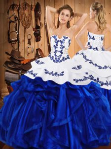 High Class Royal Blue Strapless Lace Up Embroidery and Ruffles Sweet 16 Dresses Sleeveless