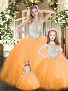  Orange Red 15 Quinceanera Dress Military Ball and Sweet 16 and Quinceanera with Beading Scoop Sleeveless Lace Up