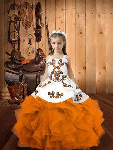  Orange Organza Lace Up Straps Sleeveless Floor Length Little Girl Pageant Dress Embroidery and Ruffles