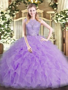  Lavender Ball Gowns Tulle Scoop Sleeveless Beading and Ruffles Floor Length Backless Vestidos de Quinceanera