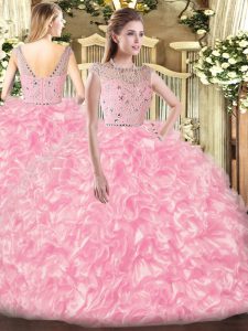  Rose Pink Bateau Neckline Beading and Ruffles Sweet 16 Quinceanera Dress Sleeveless Zipper