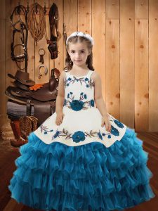  Sleeveless Floor Length Embroidery and Ruffled Layers Lace Up Little Girls Pageant Gowns with Teal 