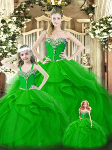 Modest Organza Sweetheart Sleeveless Lace Up Beading and Ruffles Ball Gown Prom Dress in Green
