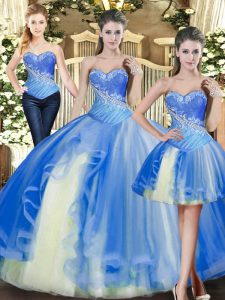 Dazzling Baby Blue Sleeveless Tulle Lace Up Quince Ball Gowns for Military Ball and Sweet 16 and Quinceanera