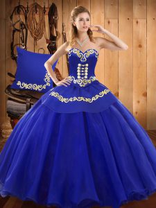 Vintage Blue Tulle Lace Up Ball Gown Prom Dress Sleeveless Floor Length Ruffles