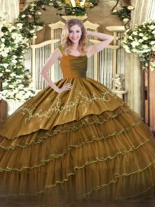  Floor Length Brown Quinceanera Gowns Satin and Organza Sleeveless Embroidery and Ruffled Layers